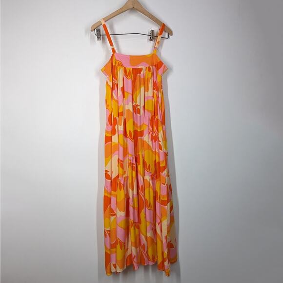 Abel The Label Orange Pink Boho Maxi Dress Trapeze Tiered Oversized XS NWT - Picture 4 of 11